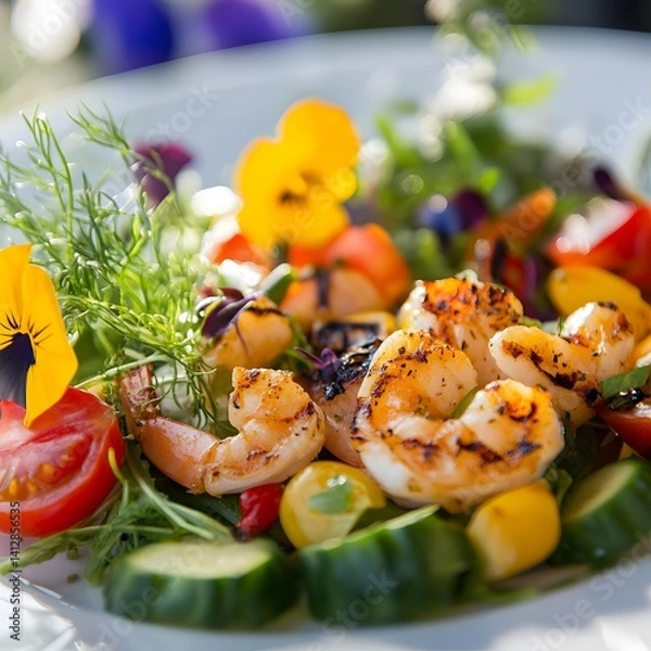 Fototapeta salad with grilled shrimps and vegetables on a white plate. Selective focus.