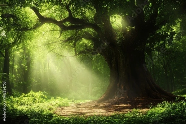 Fototapeta A majestic tree stands bathed in sunlight filtering through the lush canopy of a vibrant green forest scene