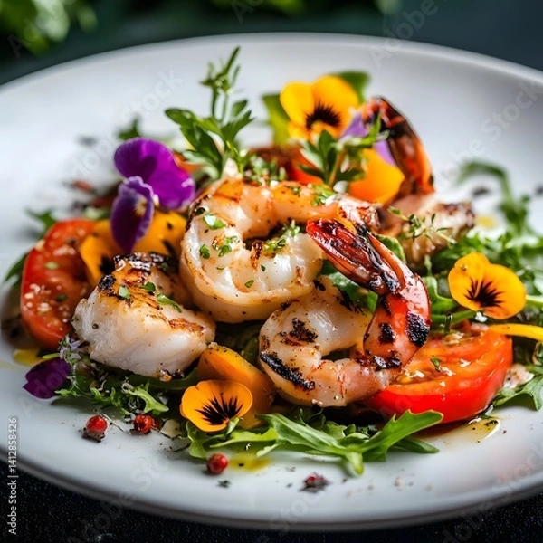 Fototapeta Salad with grilled prawns, arugula, tomatoes and edible flowers. Selective focus.