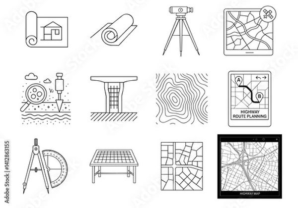 Obraz Construction infrastructure highway blueprint concept. Line drawings of construction and planning tools and maps.