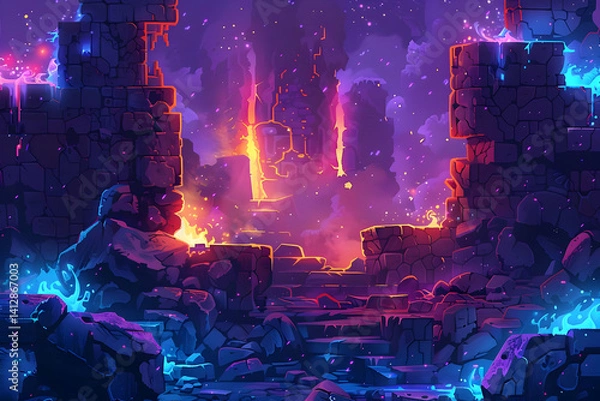 Obraz Pixel Art Fantasy Landscape with Glowing Ruins and Vibrant Sky in Digital Illustration Style Featuring Ancient Structures and Atmospheric Lighting