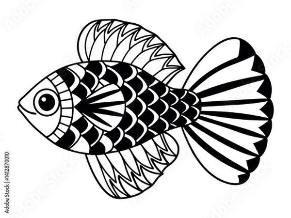 Fototapeta Betta fish coloring page for a children's book with colorful examples. Image in vector format. Great coloring activity for children and toddlers