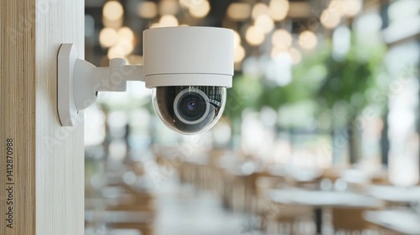 Obraz Close-up of a modern outdoor security camera mounted on a wooden wall with blurred background of outdoor cafe or restaurant setting with greenery and natural light.