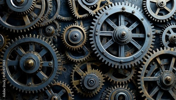Fototapeta a complex arrangement of interconnected brass and steel gears creates a detailed, steampunk-inspired mechanical texture.
