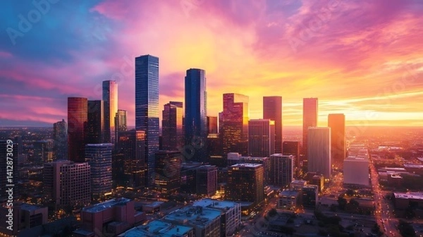 Obraz Bright sunset hues lighting up skyline over quiet waters high resolution picture