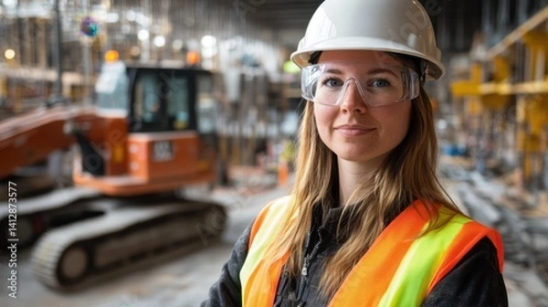 Fototapeta A confident female engineer in her 30s stands proudly on a construction site, showcasing her dedication to safety and professionalism in the engineering field.