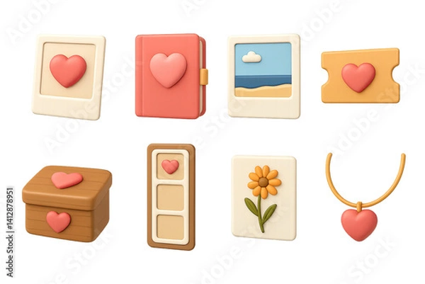 Fototapeta 3D icon set of romantic memories: polaroid, love diary, beach photo, cinema ticket, keepsake box, photo strip, pressed flower, necklace. 3d icon. Isolated