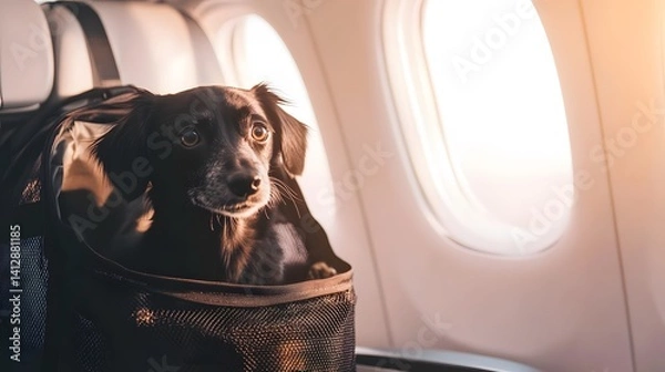 Fototapeta Dog in the aircraft cabin near the window during the flight concept of travelling and moving with pets small black dog sitting in the pet carrier bag travel or relocation with dog by airplane