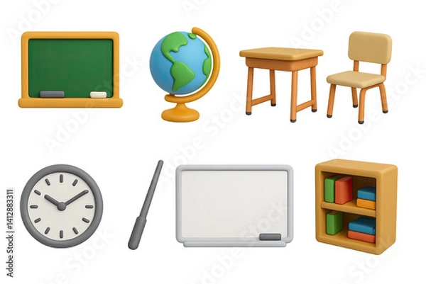 Fototapeta 3d classroom essentials icons set: chalkboard to bookshelf