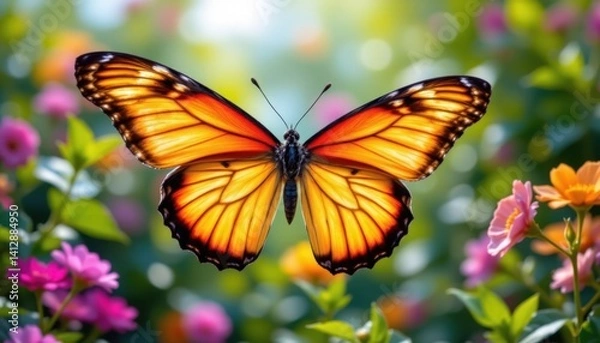Fototapeta elegant butterfly wings in flight, using 4 hues of a vibrant color palette and vivid gradients, organic shapes of delicate wing textures