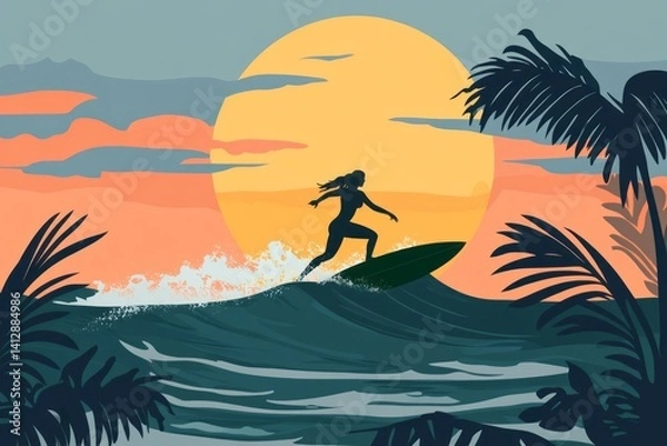 Fototapeta flat vector of a person surfing 