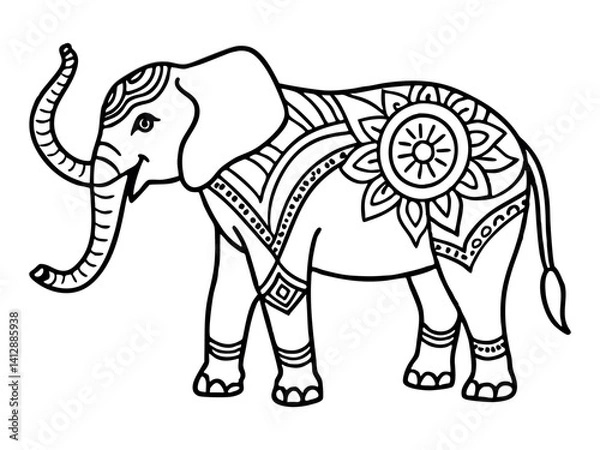 Fototapeta Adult Elephant With Trunk Down, Side View, Mandala Style, Coloring Page for Adults and Kids,