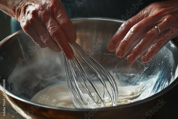 Fototapeta a person whisking a batter on a stainless-steel bowl 