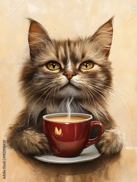 Obraz Sophisticated Feline: A Cat's Coffee Break in Artistic Rendition