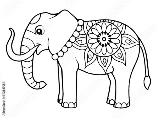 Fototapeta Adult Elephant With Trunk Down, Side View, Mandala Style, Coloring Page for Adults and Kids,