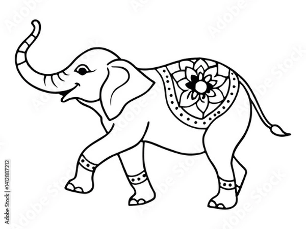 Fototapeta Adult Elephant With Trunk Down, Side View, Mandala Style, Coloring Page for Adults and Kids,