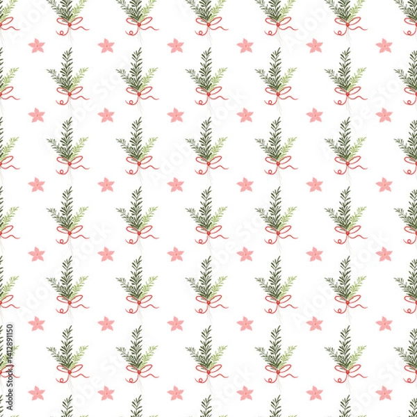 Fototapeta Seamless Pattern with Festive Greenery and Red Bows in Holiday Colors