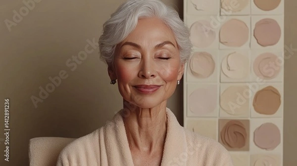 Fototapeta Senior woman enjoying tranquility in a spa with soft light and peaceful ambiance