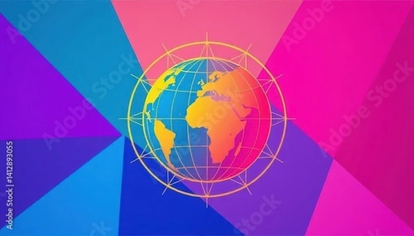 Obraz Geometric mesh globe with bright yellow and pink gradient surrounded by thin grid on multicolored background featuring saturated blue and pink tones
