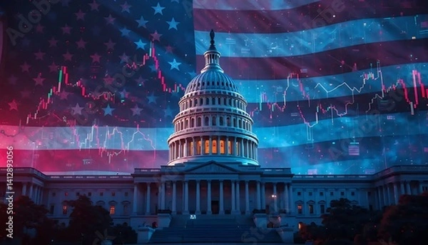 Fototapeta Government Building with American Flag and Stock Market Overlay