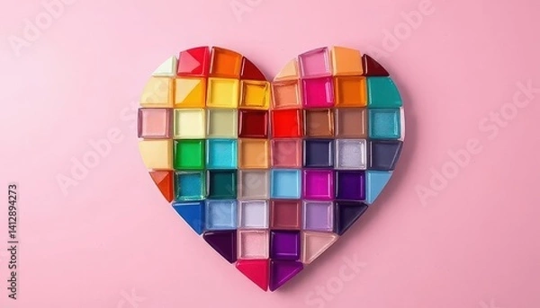 Obraz Heart made of shiny tiles in rainbow color palette with smooth transitions on pink background with soft lighting creating glossy surface effect