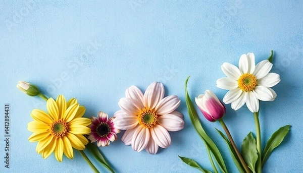 Fototapeta Blue background with spring flowers. Space for text
