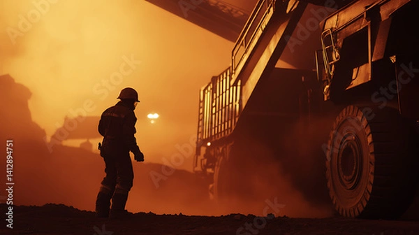 Fototapeta Heavy equipment operator loading iron ore into a truck at a mine. Featuring transportation and material handling