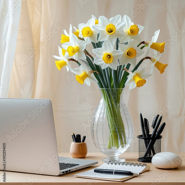 Fototapeta A blogger's workspace, with an elegant vase filled with a bouquet of fresh white daffodils on a wooden table surrounded by office essentials.
