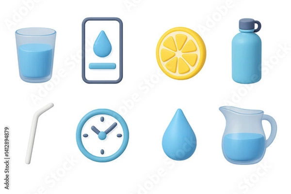 Fototapeta 3D icon set of hydration habit: glass of water, hydration app, lemon slice, refillable bottle, straw, time reminder, water drop, jug. 3d icon. Isolated