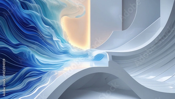 Fototapeta Bright abstract wave background, with transitions from white to blue with geometric shapes.