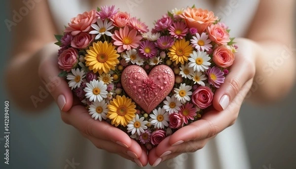 Fototapeta Heart with flowers in hands. Concept of love and emotions, kind-hearted person, help and charity, mother's day