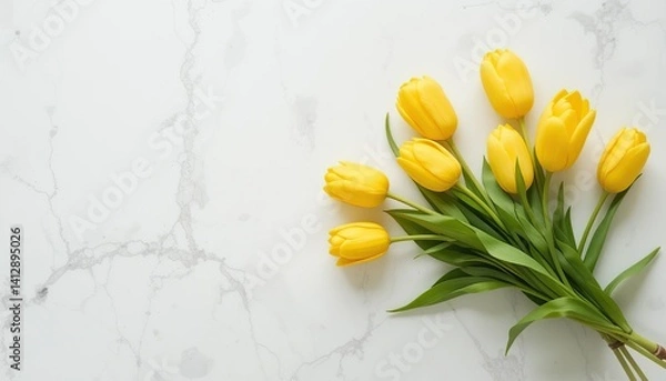 Fototapeta Bouquet of yellow tulips on a white background with space for text