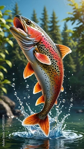 Obraz a fish jumps from the water in the middle of the lake