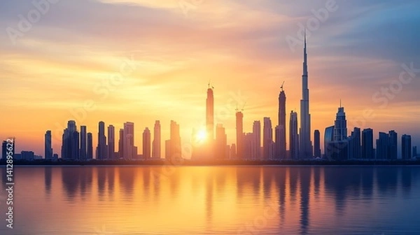 Obraz Skyline lights reflecting in sunset water create dreamy cityscape high resolution picture