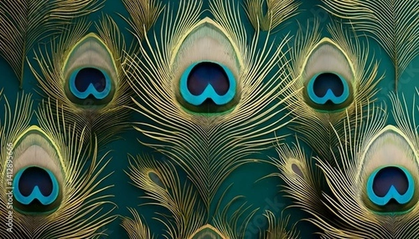 Fototapeta a symmetrical pattern of vibrant peacock feathers with iridescent blue and green hues against a dark teal background.