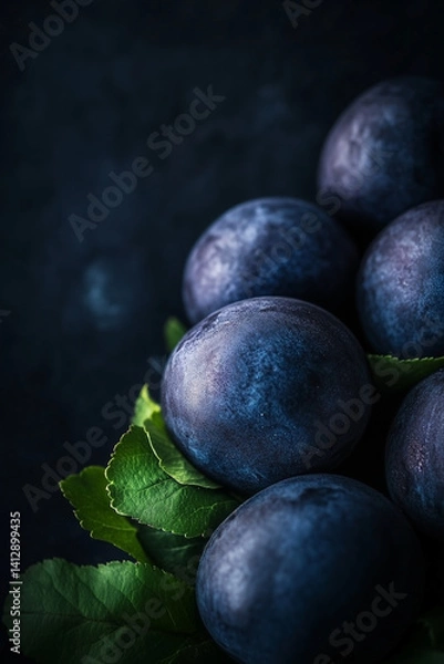 Fototapeta Bunch of blue plums are on a leaf. The plums are shiny and wet. The leaf is green and the plums are arranged in a row