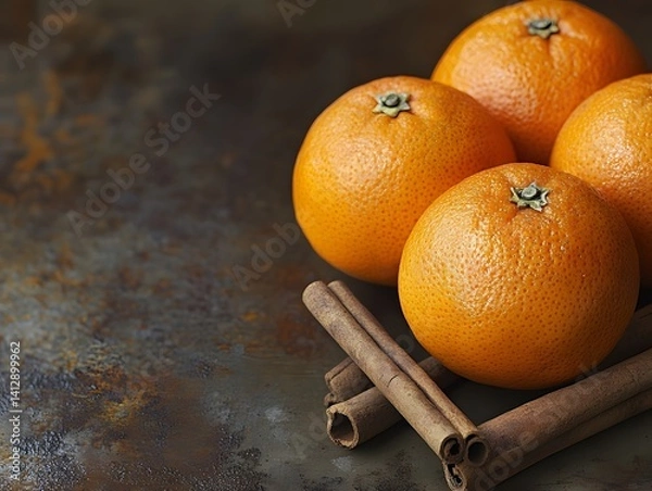 Obraz Tangerines with cinnamon sticks on a dark rustic background, cozy and warm lighting, winter mood