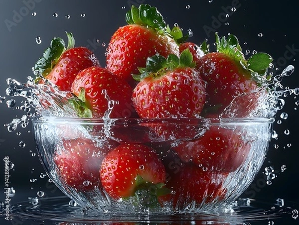Obraz Strawberries splashing into a glass bowl with water, black background, high-speed photography, dramatic lighting