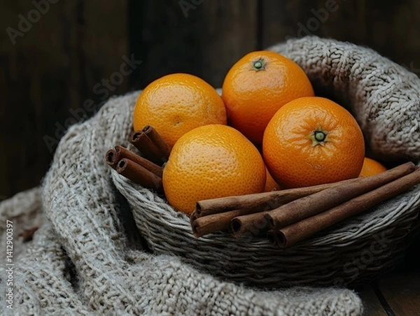 Obraz Tangerines with cinnamon sticks on a dark rustic background, cozy and warm lighting, winter mood
