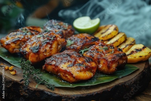 Obraz Charred jerk chicken plated with grilled plantains, lime, and fresh thyme