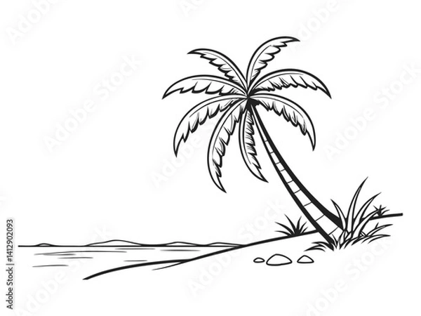 Fototapeta A collection of black palm tree silhouettes. Black palm trees set isolated on a white background. Palm silhouettes. Design of palm trees for posters, banners, and promotional items.