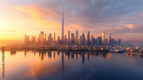 Obraz City skyline reflection at dusk with soft orange tones high resolution picture
