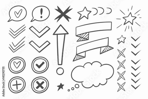 Fototapeta Hand-Drawn Doodle Elements Arrows, Stars, Checkmarks, and More for Design Projects