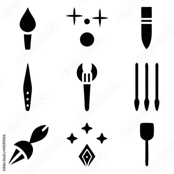Fototapeta A bold collection of artistic tools celebrating creativity and craftsmanship with simple black silhouettes on a white background.