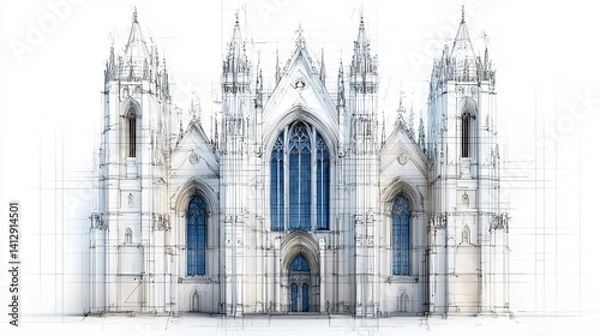 Fototapeta Intricate architectural design of a Gothic-style cathedral, featuring detailed spires and elegant arches.
