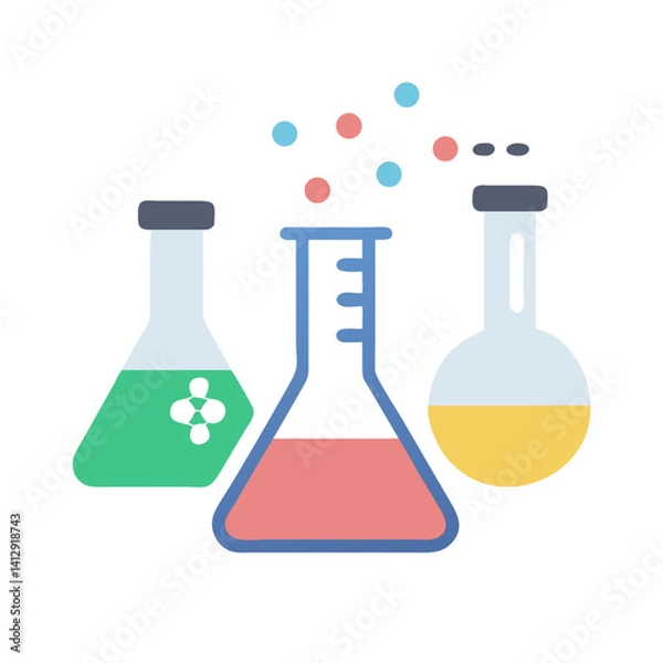 Fototapeta Laboratory flasks with colored liquid and bubbles in flat vector style