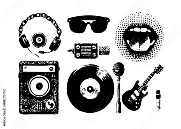 Obraz halftone Stipple Music Elements Set. Vinyl record, mouth with microphone, headphone , guitar, piano cassette, speaker, radio, eyes, chain. Grunge punk dotted texture for y2k collage design