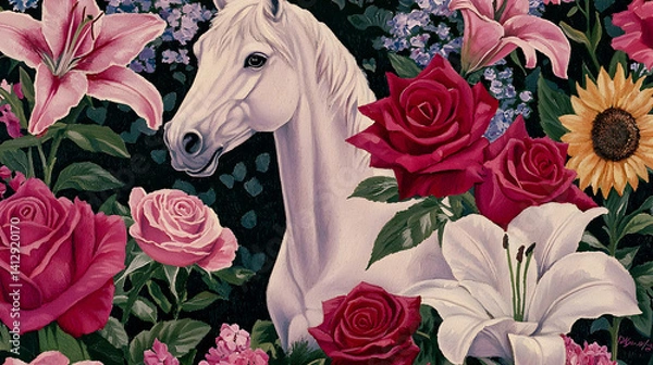 Fototapeta White horse amidst vibrant flowers, garden setting, peaceful scene, ideal for greeting cards