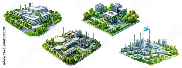 Fototapeta Set of modern industrial factory buildings with greenery, isolated on transparent background