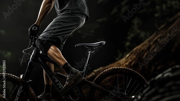 Fototapeta Close-up of a mountain biker adjusting a dropper post while riding through a forested trail, showcasing precision and control.